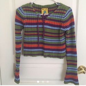 Unif multi colored striped lace up cropped sweater